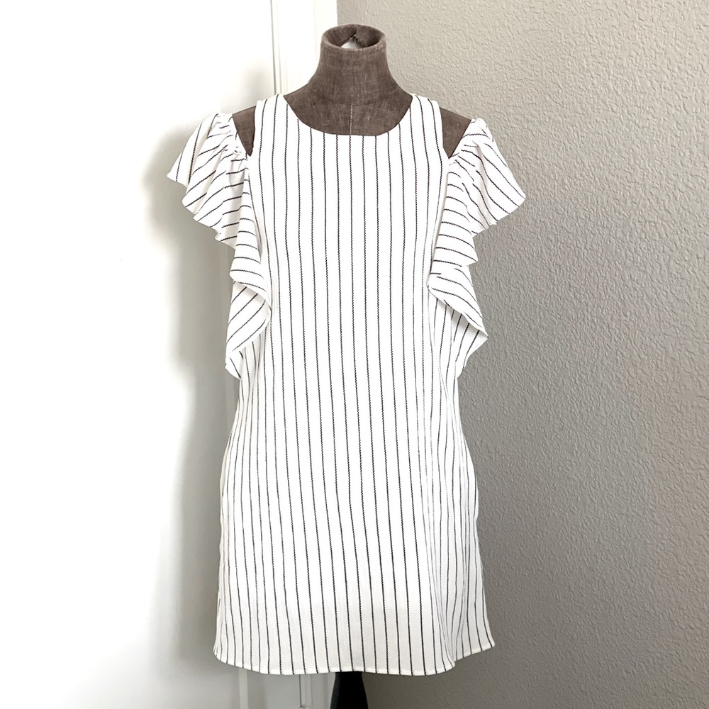 Dress Forum White Black Pinstripe Ruffle Cold-Shoulder Dress